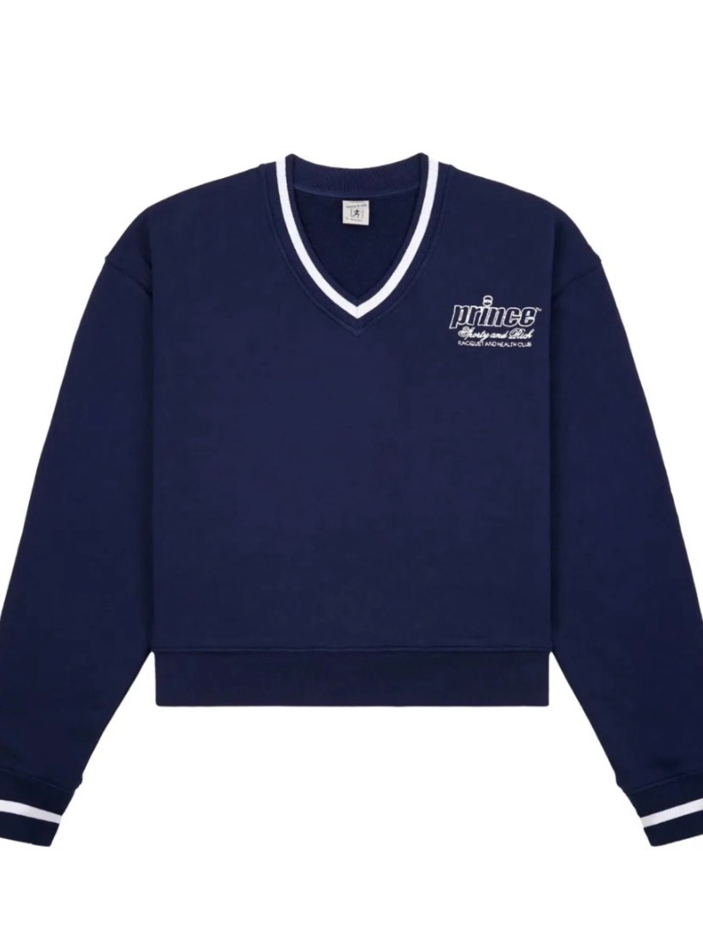 Sporty & Rich Navy V-Neck Sweater with White Trim